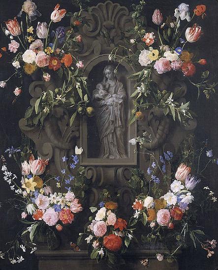 Daniel Seghers Garland of flowers with a sculpture of the Virgin Mary oil painting image